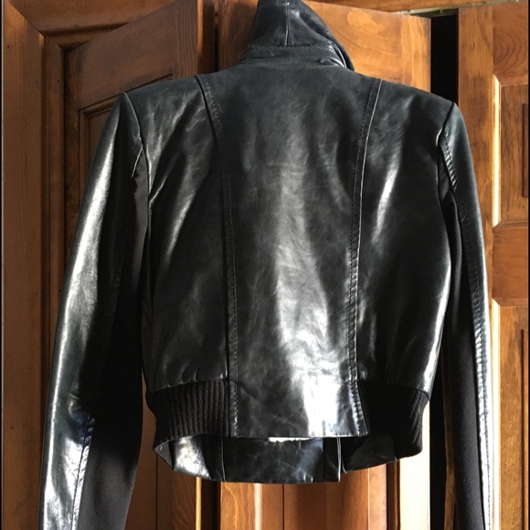 BCBG Black Leather Bomber Jacket with Sherpa Shearling Collar small - Picture 8 of 14
